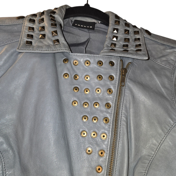 Trouve Womens XS Leather Coat Jacket Grey Studded Moto Asymmetrical Zipper Biker - Picture 4 of 13